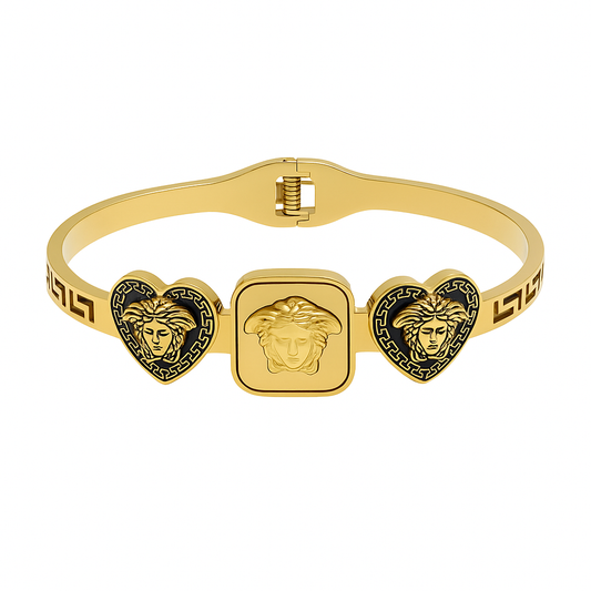 Premium Greek Key Pattern Gold Toned Medusa & Lion Designer Bracelet for Women & Girls