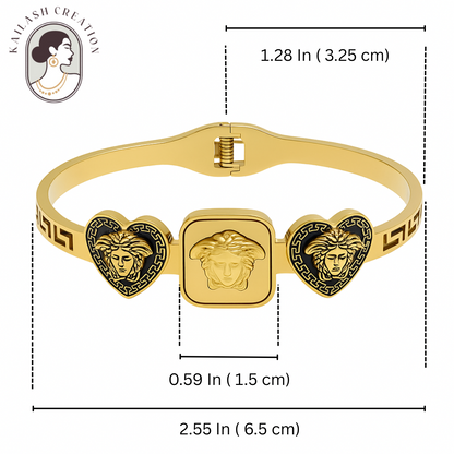 Premium Greek Key Pattern Gold Toned Medusa & Lion Designer Bracelet for Women & Girls