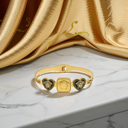 Premium Greek Key Pattern Gold Toned Medusa & Lion Designer Bracelet for Women & Girls