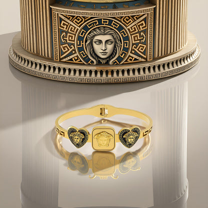 Premium Greek Key Pattern Gold Toned Medusa & Lion Designer Bracelet for Women & Girls