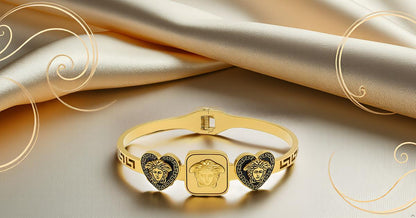 Premium Greek Key Pattern Gold Toned Medusa & Lion Designer Bracelet for Women & Girls