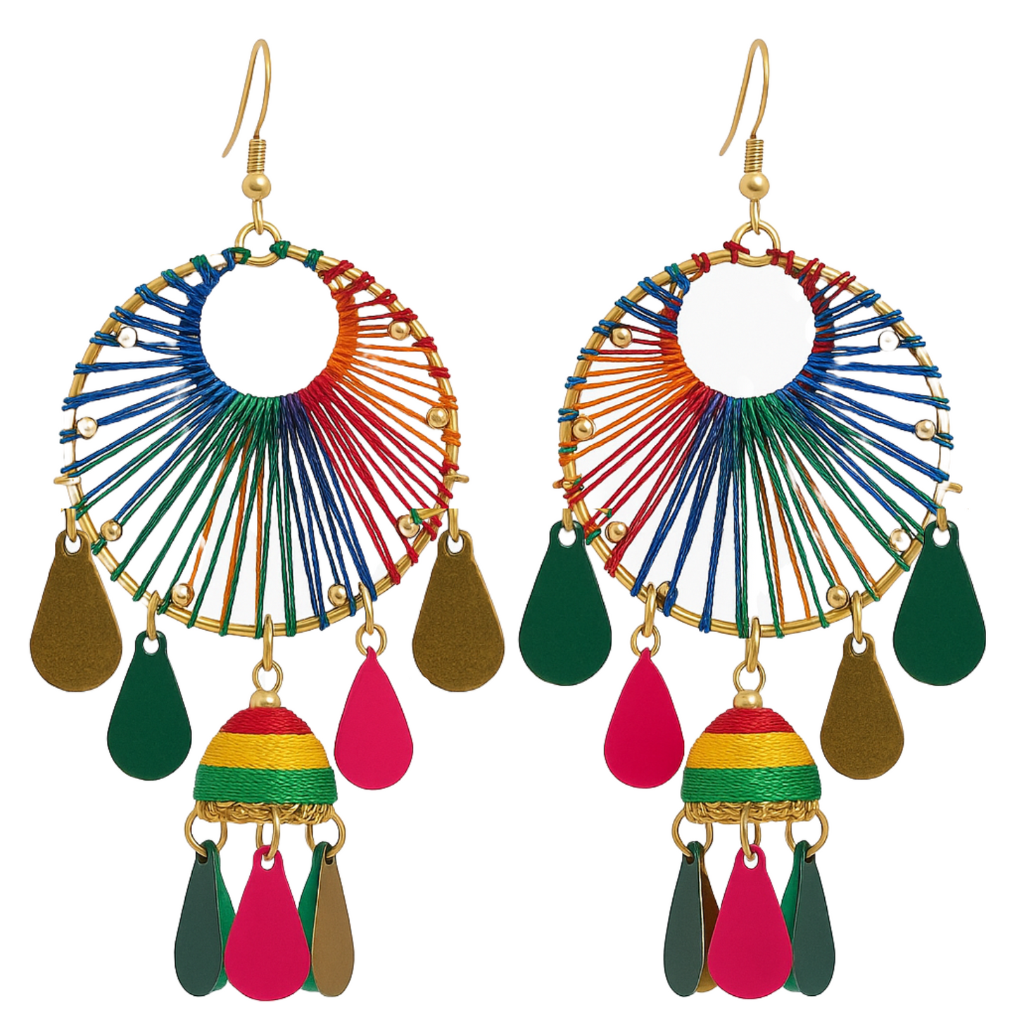 Vibrant Rainbow Feather & Thread Work Ethnic Dangler Earrings for Women & Girls