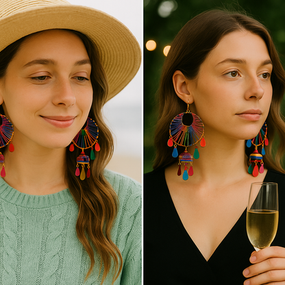 Vibrant Rainbow Feather & Thread Work Ethnic Dangler Earrings for Women & Girls