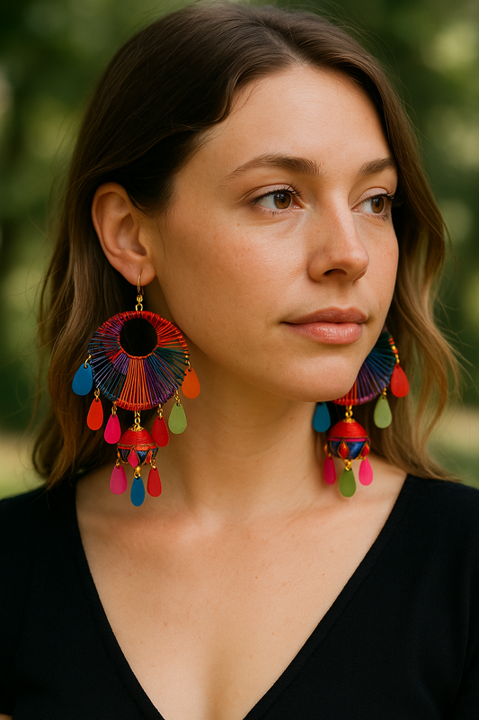 Vibrant Rainbow Feather & Thread Work Ethnic Dangler Earrings for Women & Girls