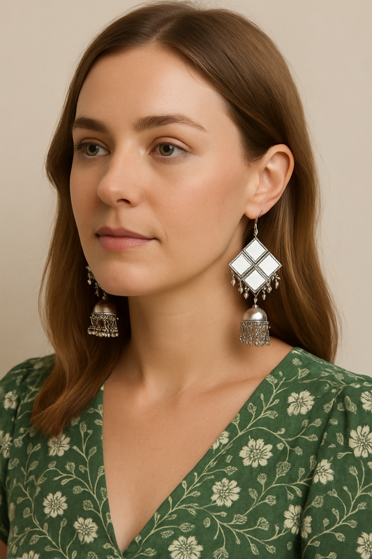 Silver Plated Square Mirror Dangler Earrings with Ghungroo