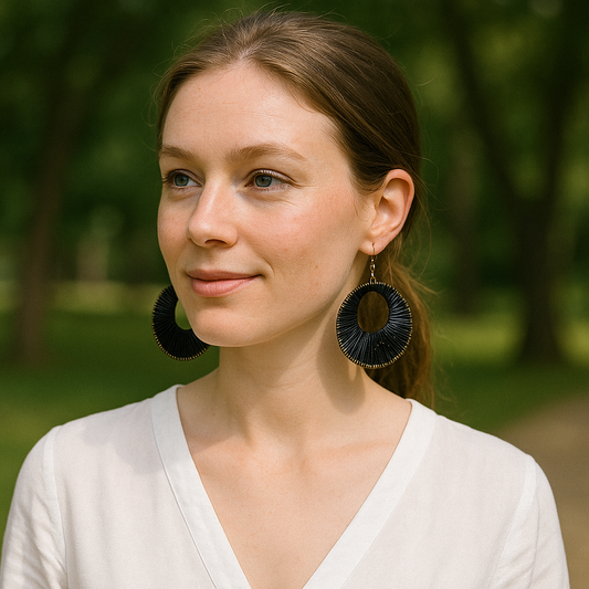 Black Circular Woven Statement Earrings for Girls & Women