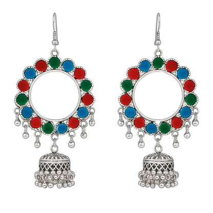 Oxidized Silver Multicolor Hoop Jhumka Earrings for Girls & Women