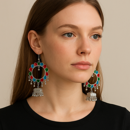 Oxidized Silver Multicolor Hoop Jhumka Earrings for Girls & Women