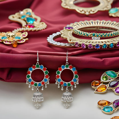 Oxidized Silver Multicolor Hoop Jhumka Earrings for Girls & Women