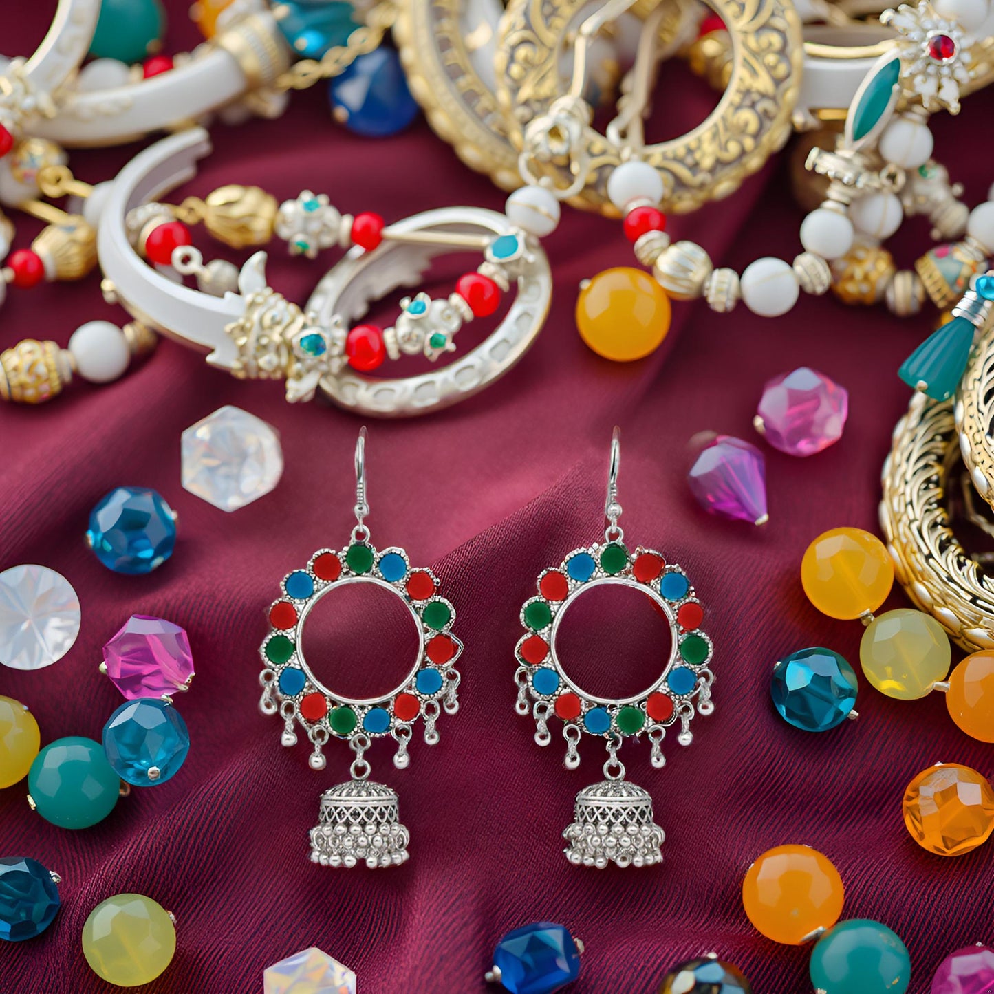 Oxidized Silver Multicolor Hoop Jhumka Earrings for Girls & Women
