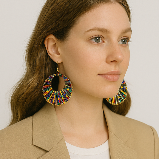 Multicolor Circular Woven Boho Hoop Earrings for Girls & Women