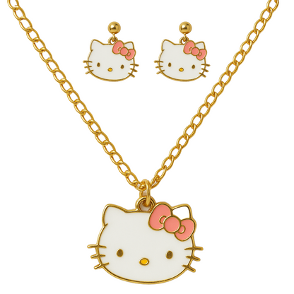 Adorable Cat Face Pendant Necklace & Earrings Set for Girls