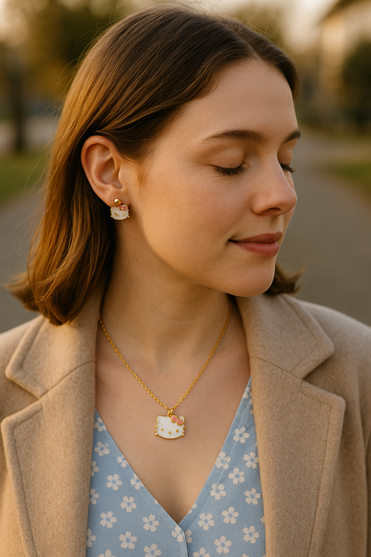 Adorable Cat Face Pendant Necklace & Earrings Set for Girls