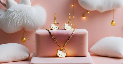 Adorable Cat Face Pendant Necklace & Earrings Set for Girls