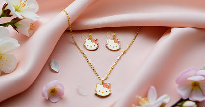 Adorable Cat Face Pendant Necklace & Earrings Set for Girls