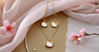 Adorable Cat Face Pendant Necklace & Earrings Set for Girls