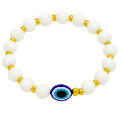 Evil Eye Bracelet for Women, Men, Baby, Kids – White & Gold Beads with Blue Charm