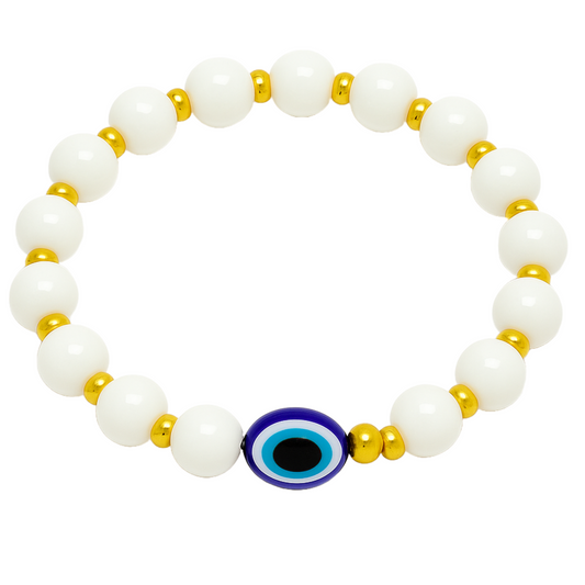 Evil Eye Bracelet for Women, Men, Baby, Kids – White & Gold Beads with Blue Charm
