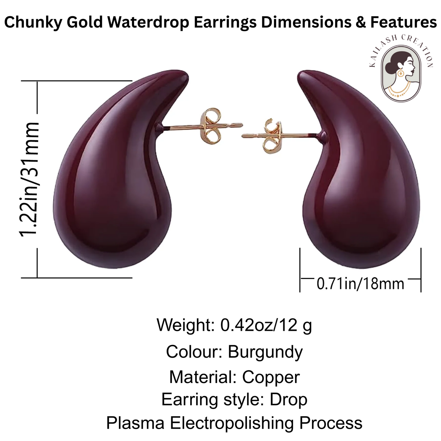 Maroon Chunky Gold Teardrop Earrings for Women