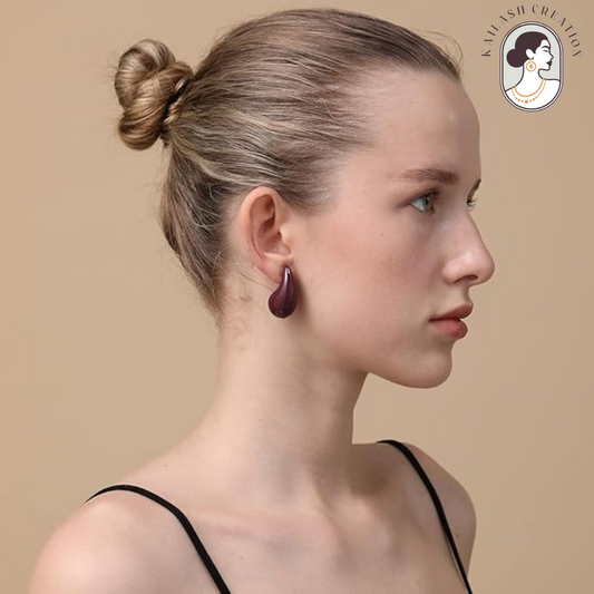 Maroon Chunky Gold Teardrop Earrings for Women