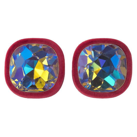 Velvet Bordered Crystal Stone Square Stud Earrings