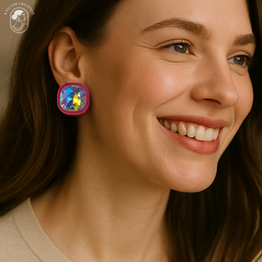 Velvet Bordered Crystal Stone Square Stud Earrings