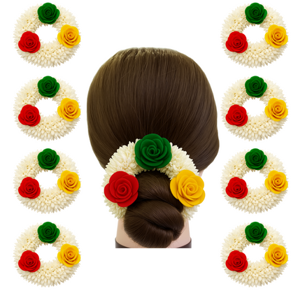 Artificial Mogra Gajra for Hair Bun with Red Yellow Green Flowers