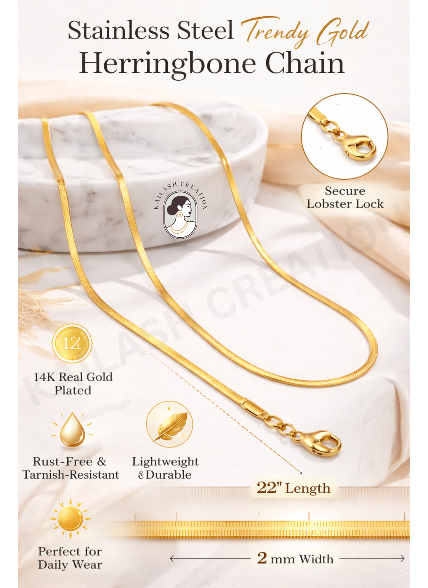 14K Gold Plated Snake Chain Necklace for Women & Men