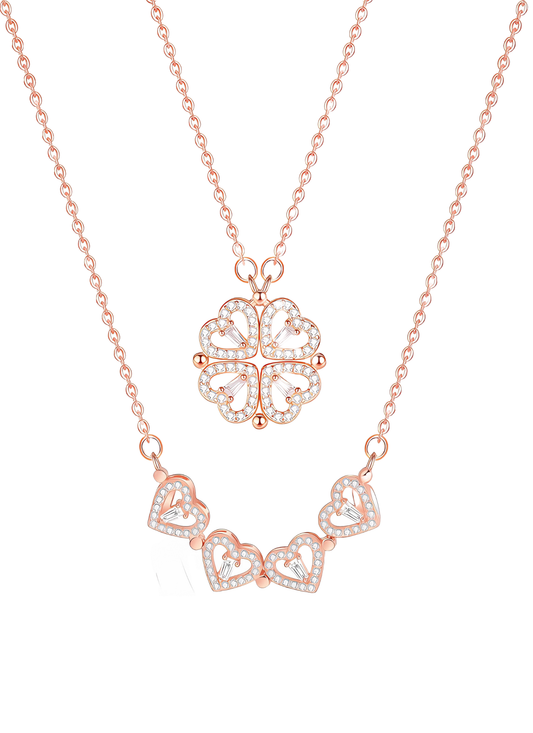 Rose Gold 2-in-1 Magnetic Clover Pendant Necklace with 4 Heart Design