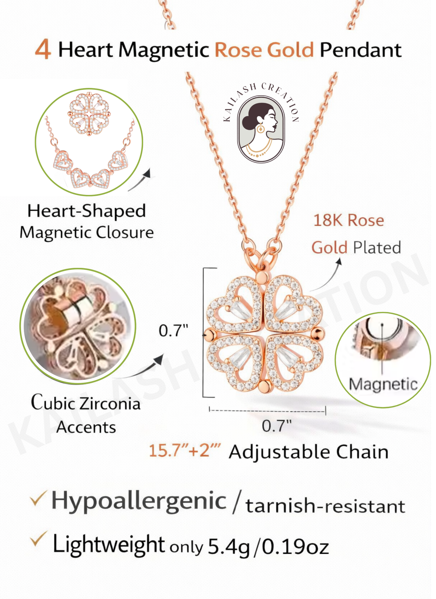 Rose Gold 2-in-1 Magnetic Clover Pendant Necklace with 4 Heart Design
