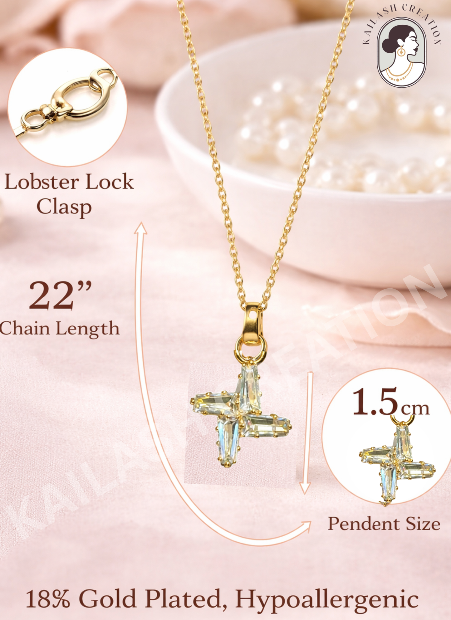 Crystal Aura 18K Gold Plated AD Pendant for Women & Girls Stylish
