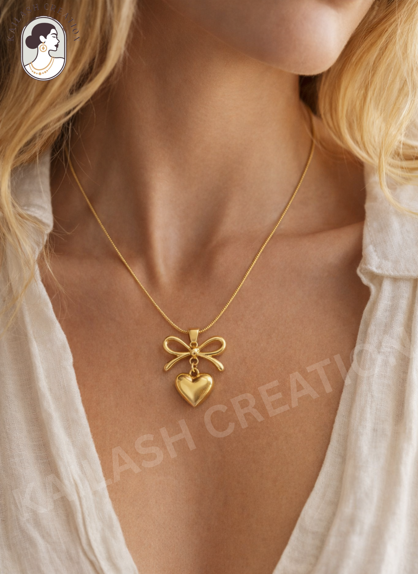 Gold Plated Bow Heart Pendant Necklace