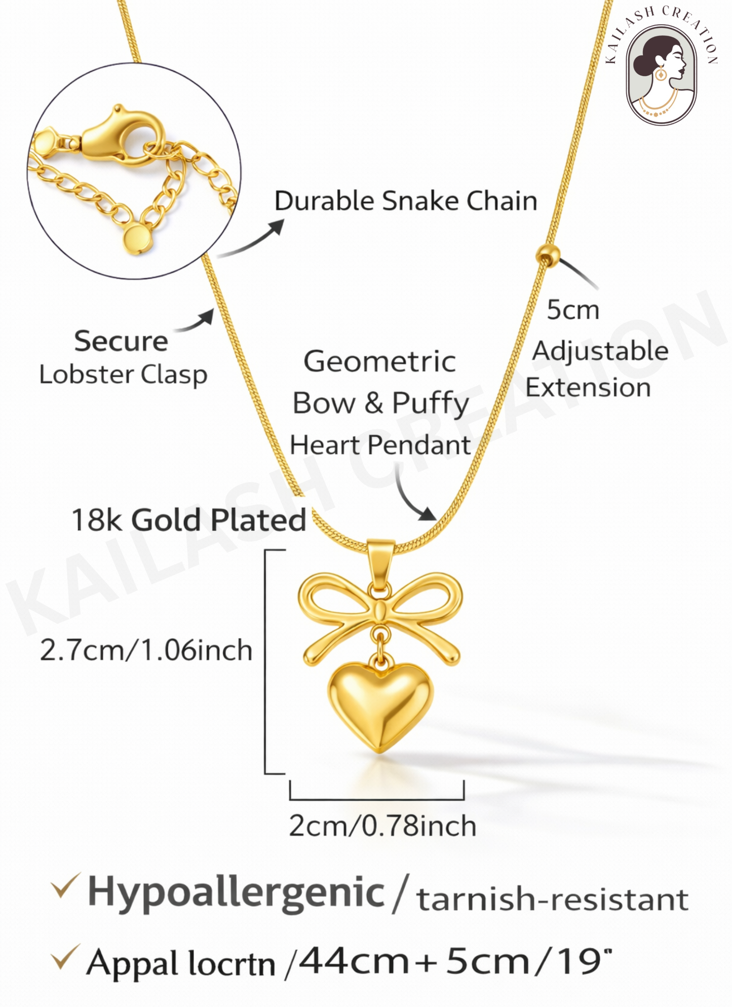 Gold Plated Bow Heart Pendant Necklace