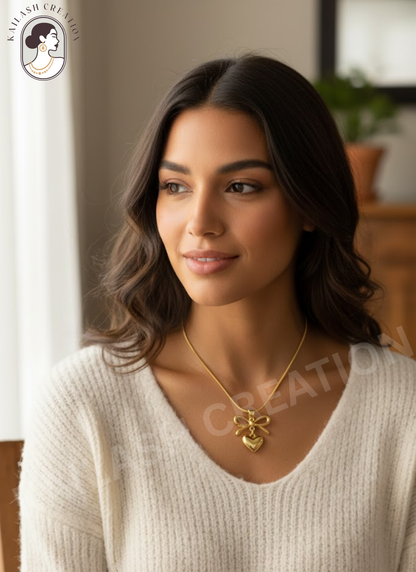 Gold Plated Bow Heart Pendant Necklace