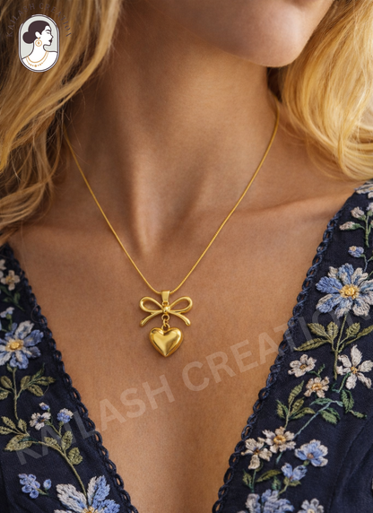 Gold Plated Bow Heart Pendant Necklace