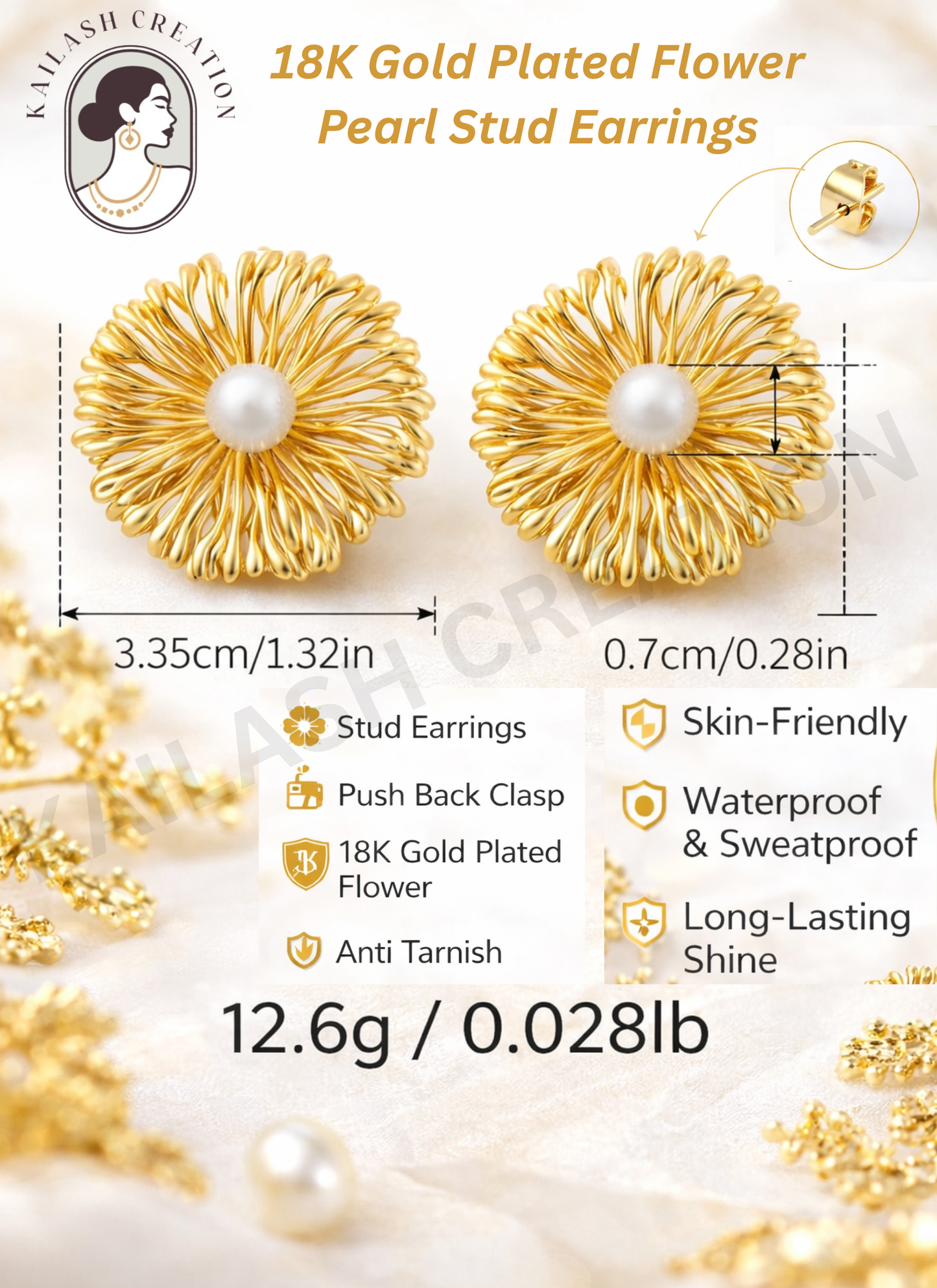 18K Gold Plated Flower Pearl Stud Earrings for Women & Girls Stylish