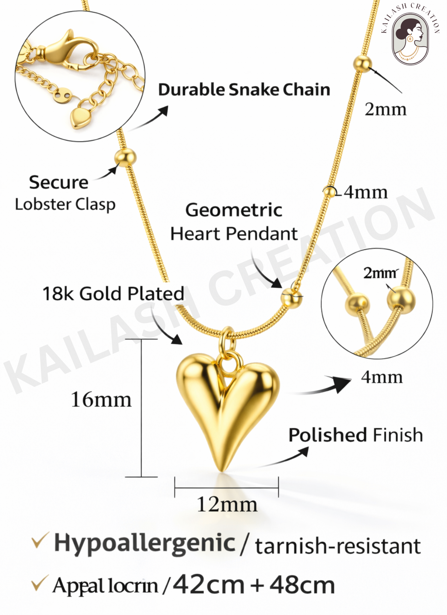 18K Gold Plated Geometric Heart Pendant Necklace