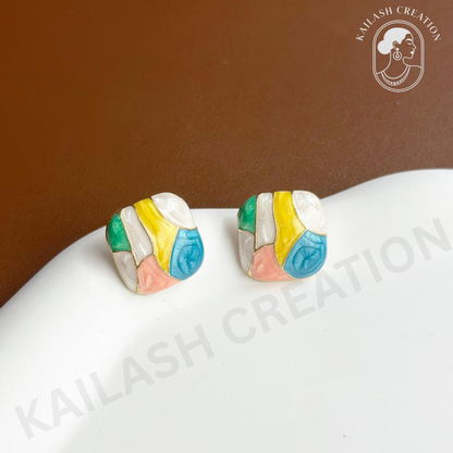 Multi Color Drip Oil  Enamel Square Stud Earrings for Women and Girls