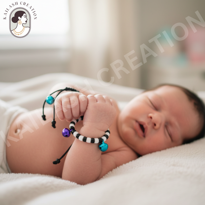 Adjustable Black & White Beads Thread with Multicolor Ghungroo Baby Nazariya Bracelets