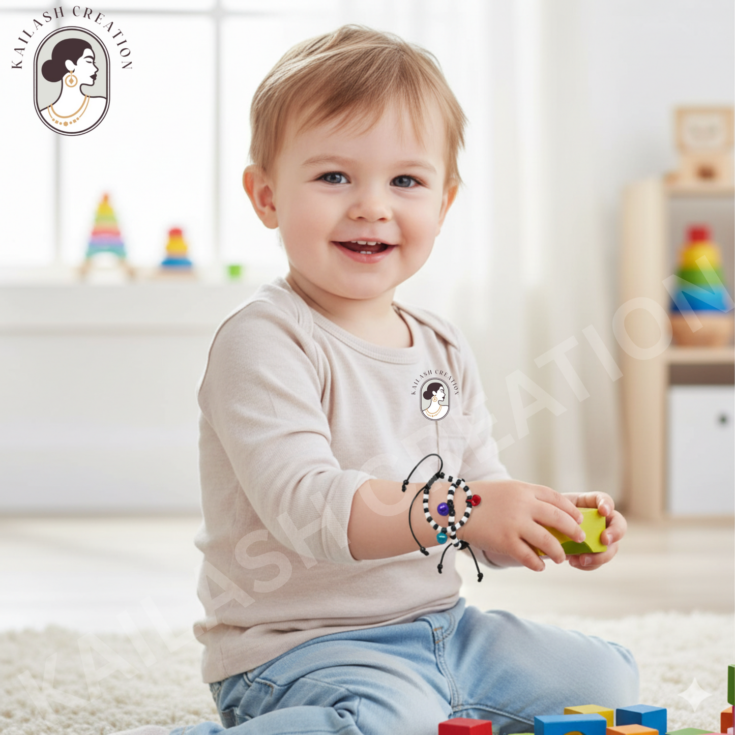 Adjustable Black & White Beads Thread with Multicolor Ghungroo Baby Nazariya Bracelets