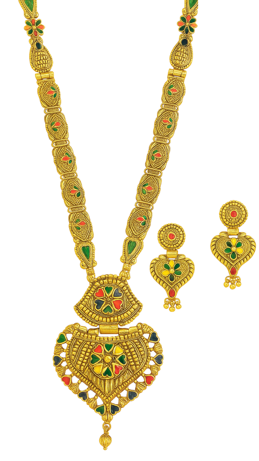 Antique Gold Plated Heart Shape Multicolor Long Necklace Set with Earrings for Women