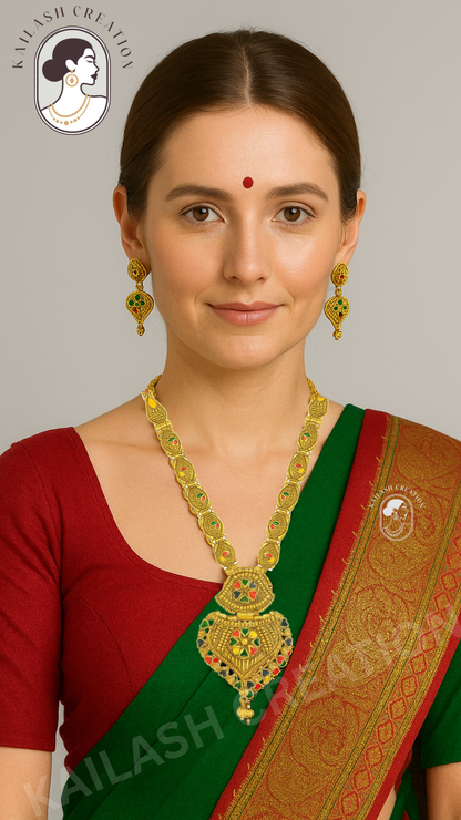 Antique Gold Plated Heart Shape Multicolor Long Necklace Set with Earrings for Women