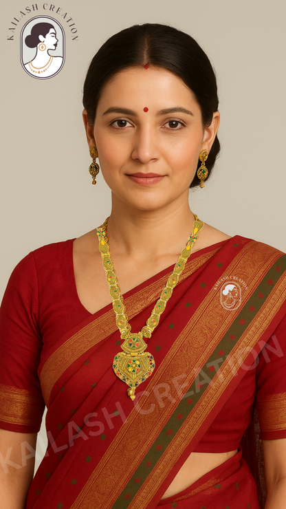 Antique Gold Plated Heart Shape Multicolor Long Necklace Set with Earrings for Women