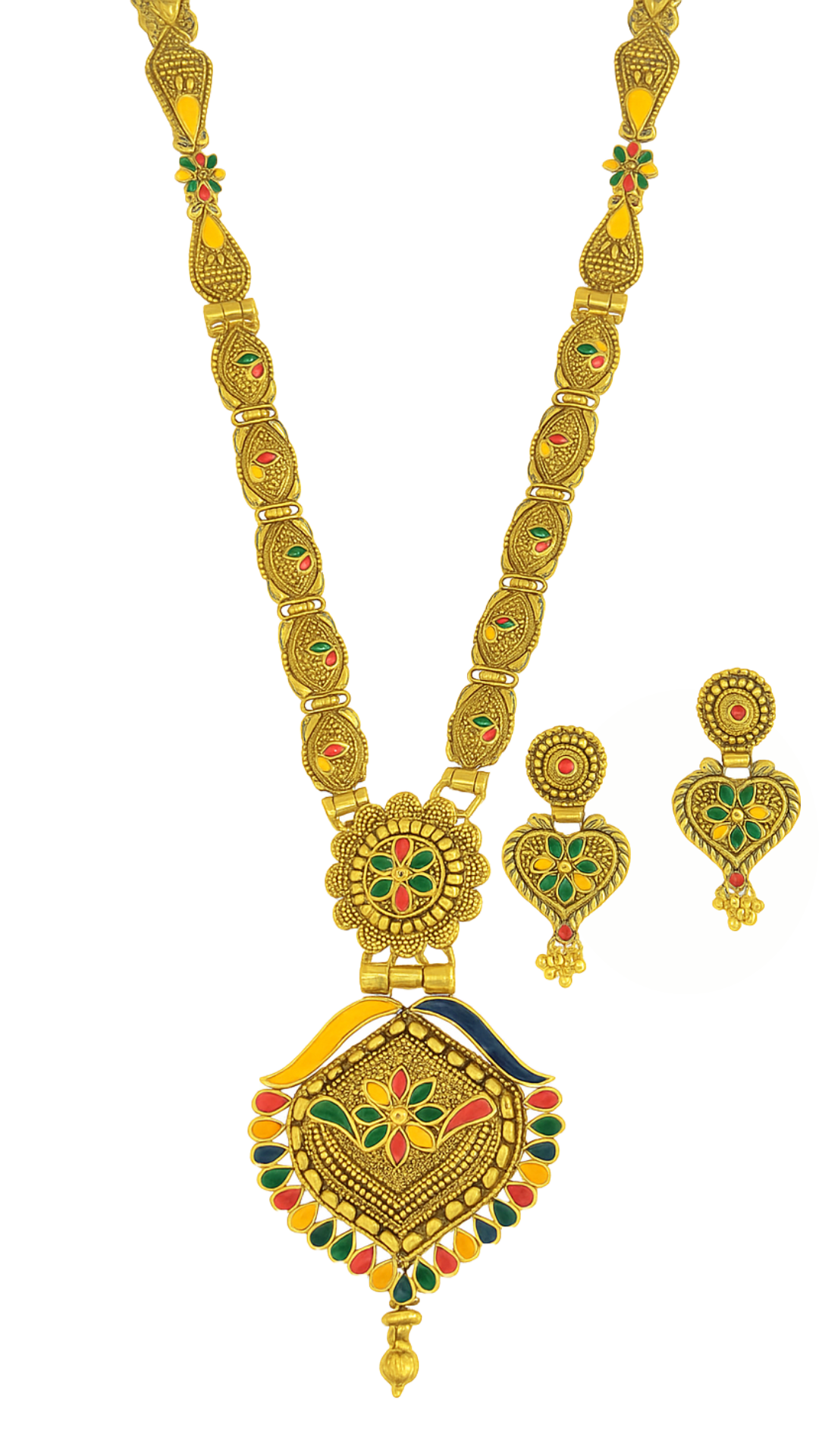 Antique Gold Plated Leaf Print Multicolor Long Necklace Set with Earrings for Women