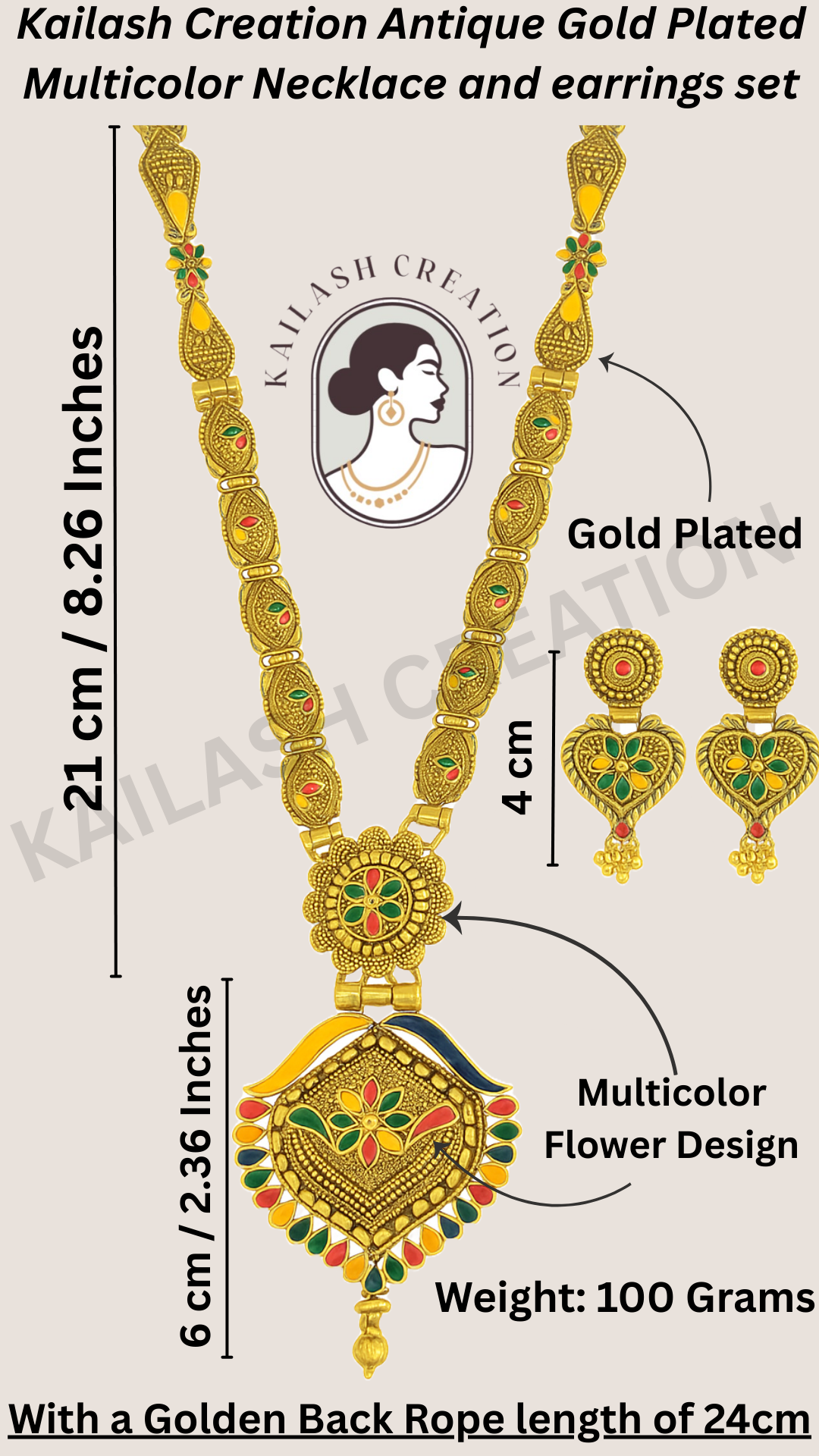 Antique Gold Plated Leaf Print Multicolor Long Necklace Set with Earrings for Women