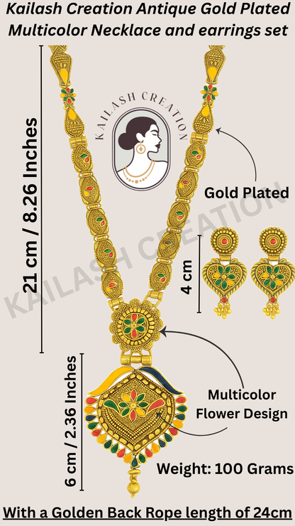 Antique Gold Plated Leaf Print Multicolor Long Necklace Set with Earrings for Women