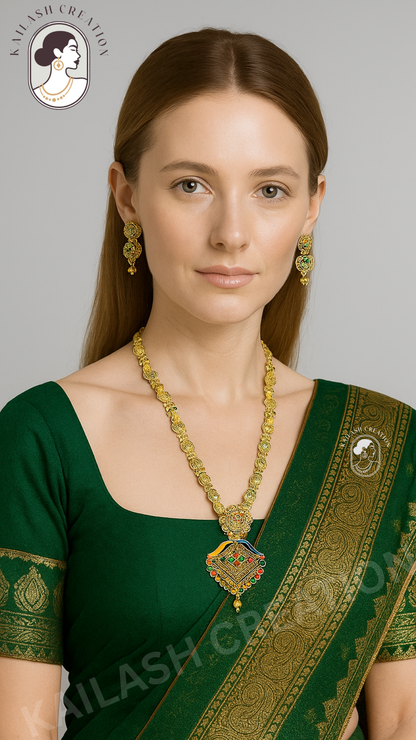 Antique Gold Plated Leaf Print Multicolor Long Necklace Set with Earrings for Women