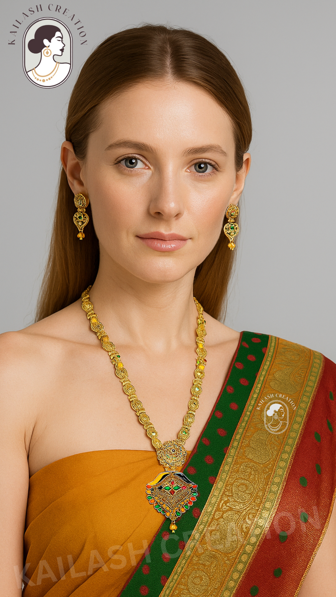 Antique Gold Plated Leaf Print Multicolor Long Necklace Set with Earrings for Women