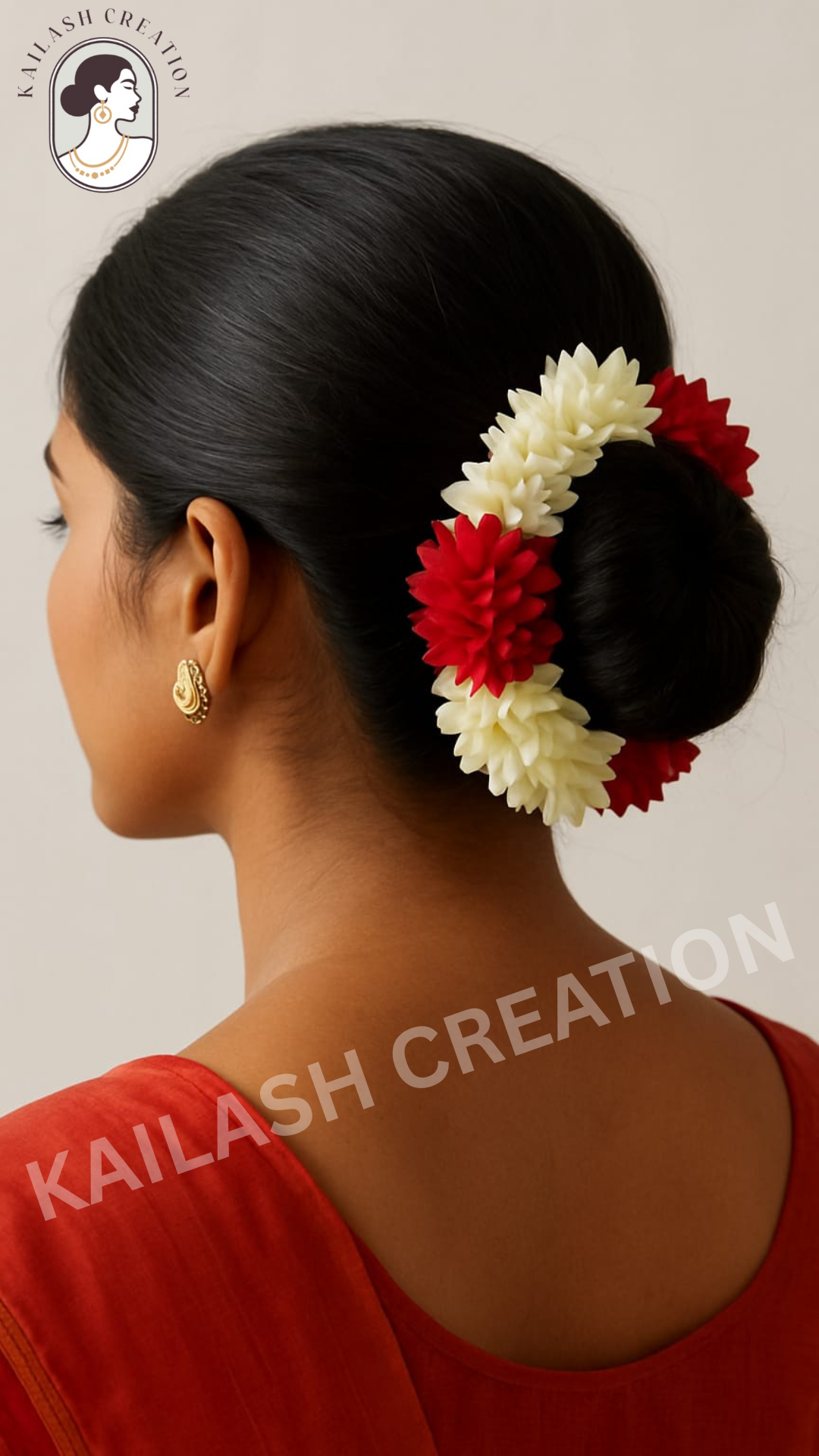 Reusable Artificial Mogra Flower Hair Garland for Women - Off White and Red - 15 Inches