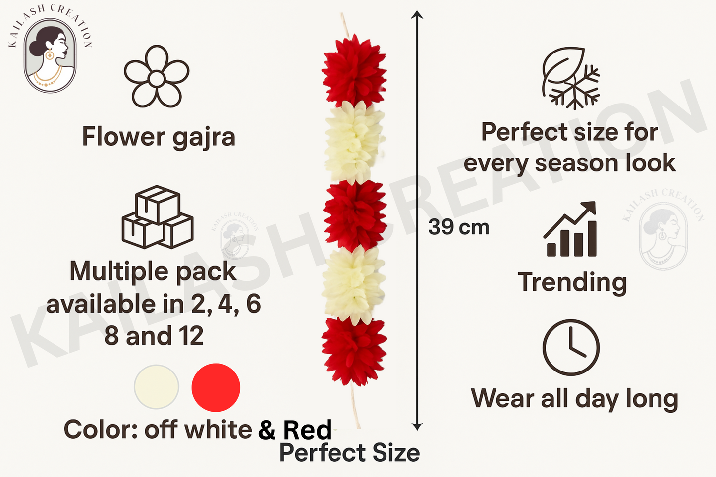 Reusable Artificial Mogra Flower Hair Garland for Women - Off White and Red - 15 Inches
